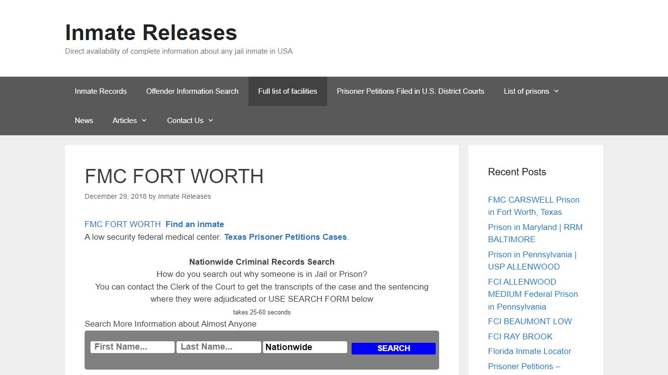 FMC FORT WORTH – Inmate Releases